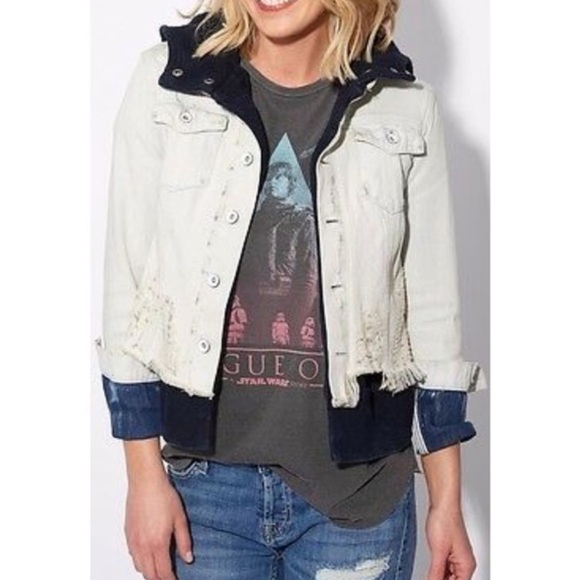 Free People Double Weave Distressed Denim Jacket Fleece Layer With Hood Sz S - Picture 1 of 15